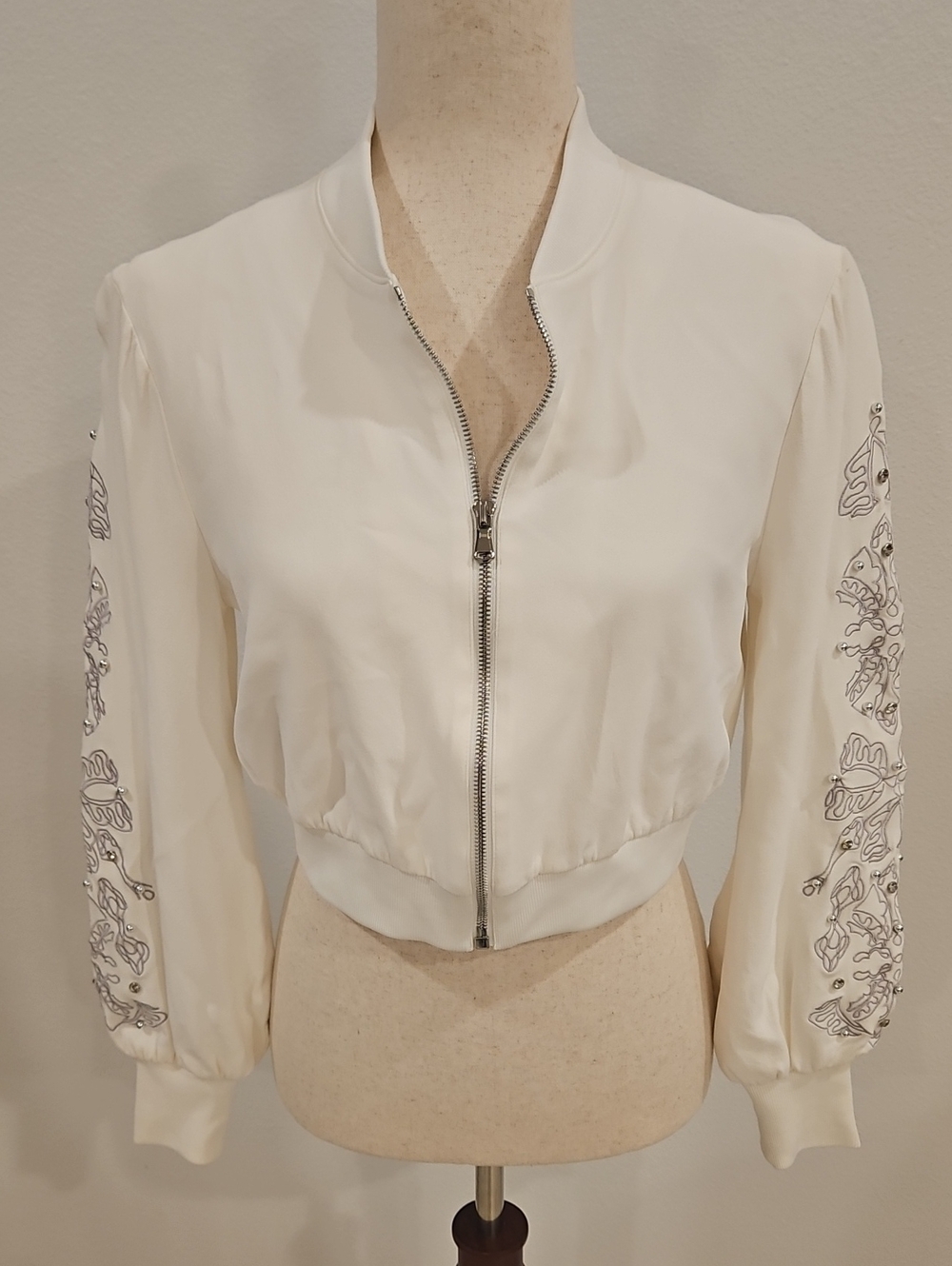 Jonathan Simkhai Crystal Embroidered Cropped Bomber Jacket White Size S